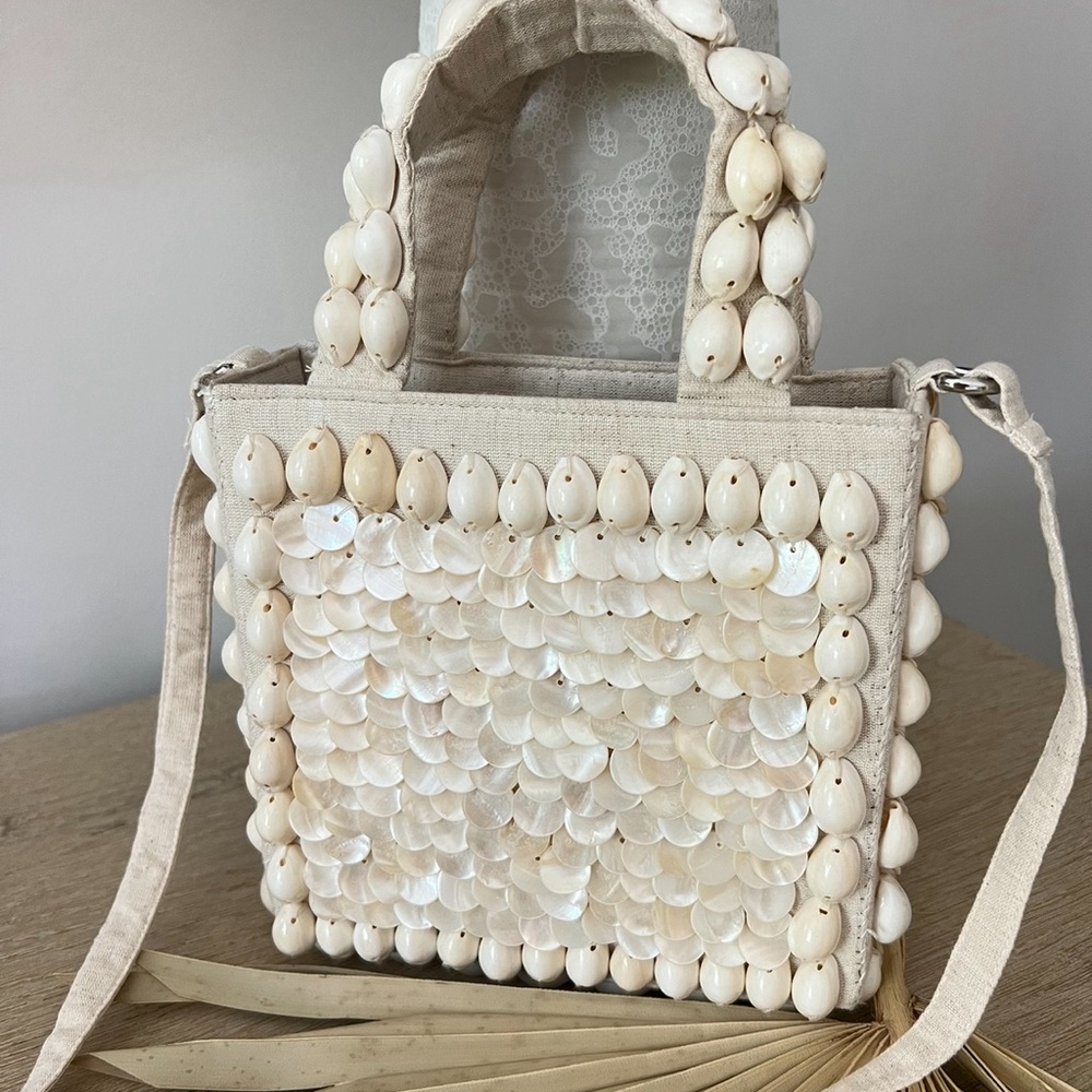 Viral Cream Shell-Embellished Tote Bag, NWT, Handcrafted In India